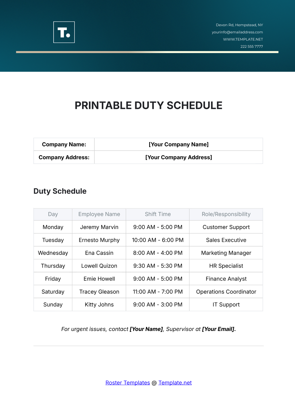 Printable Duty Schedule Template - Edit Online & Download