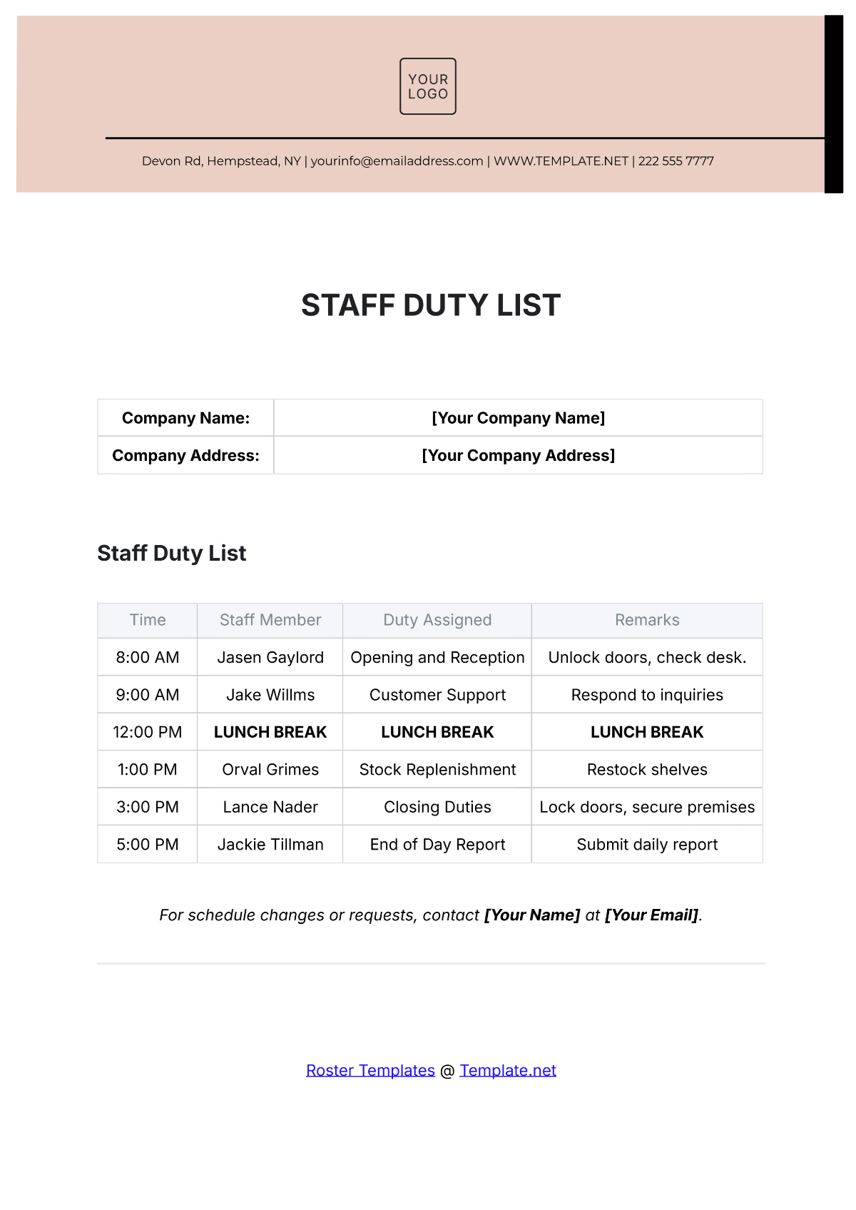 Staff Duty List Template - Edit Online & Download