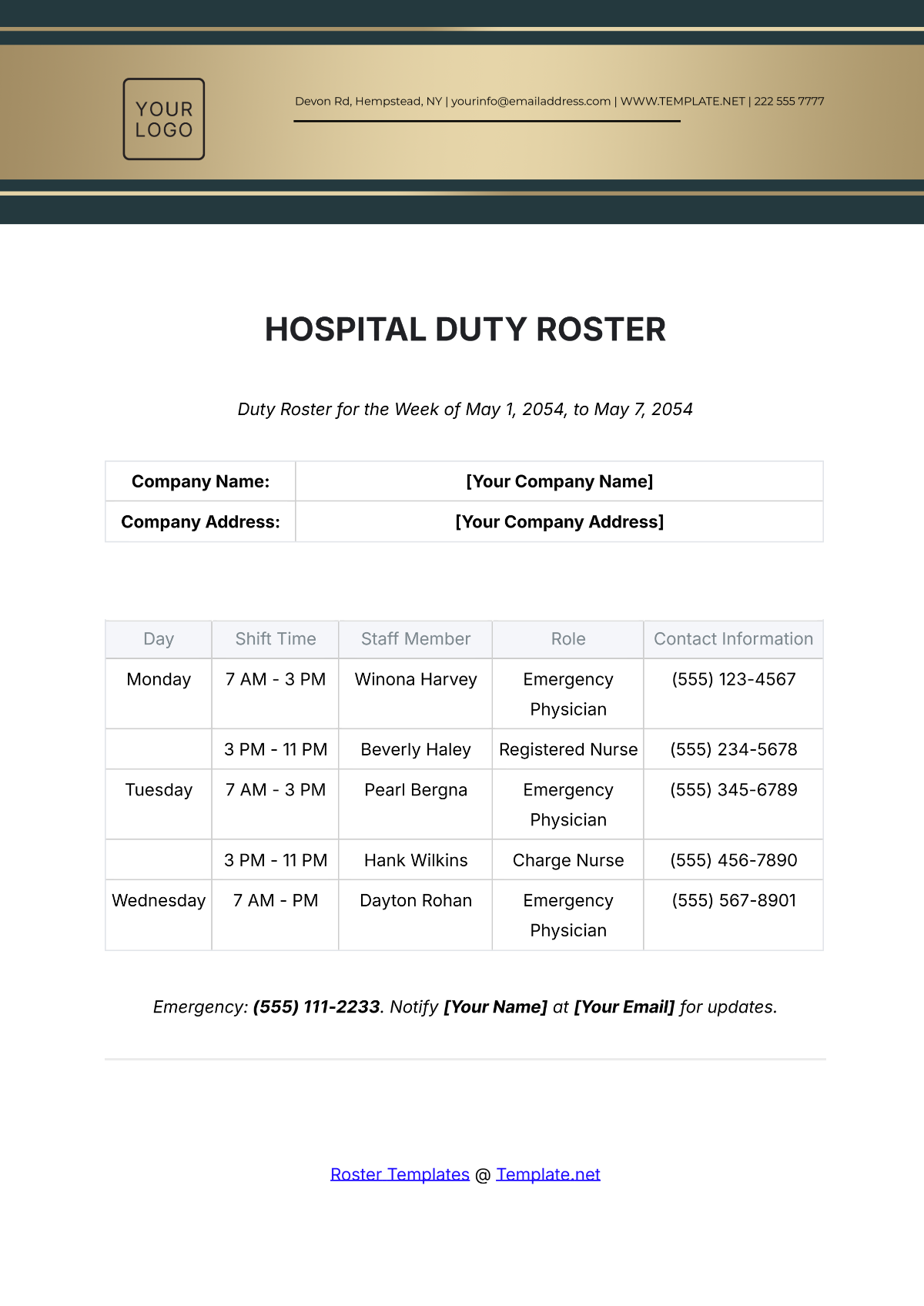 Free Restaurant Duty Roster Template to Edit Online