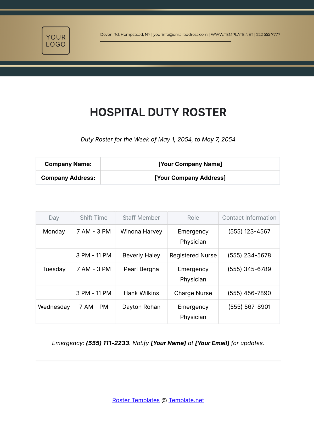 Free Duty Roster Templates Editable And Printable
