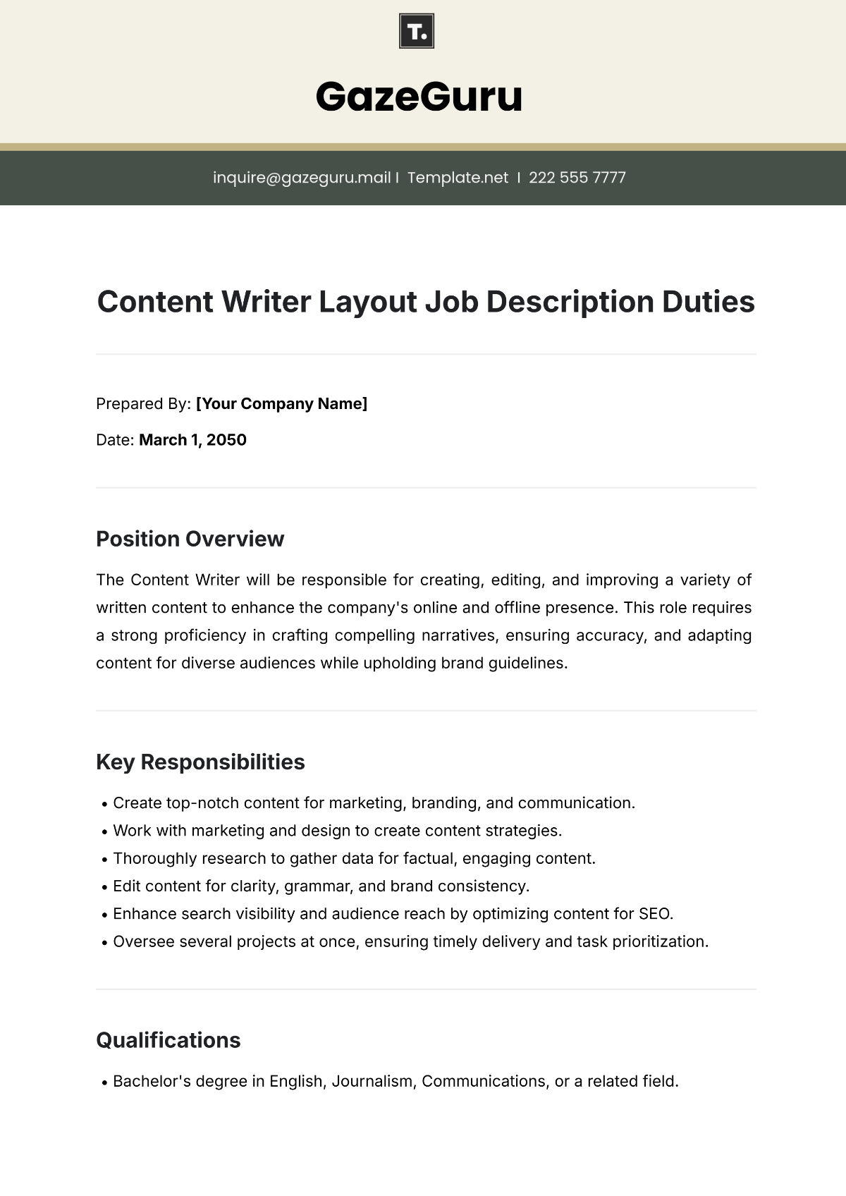 Content Writer Layout Job Description Duties Template - Edit Online & Download