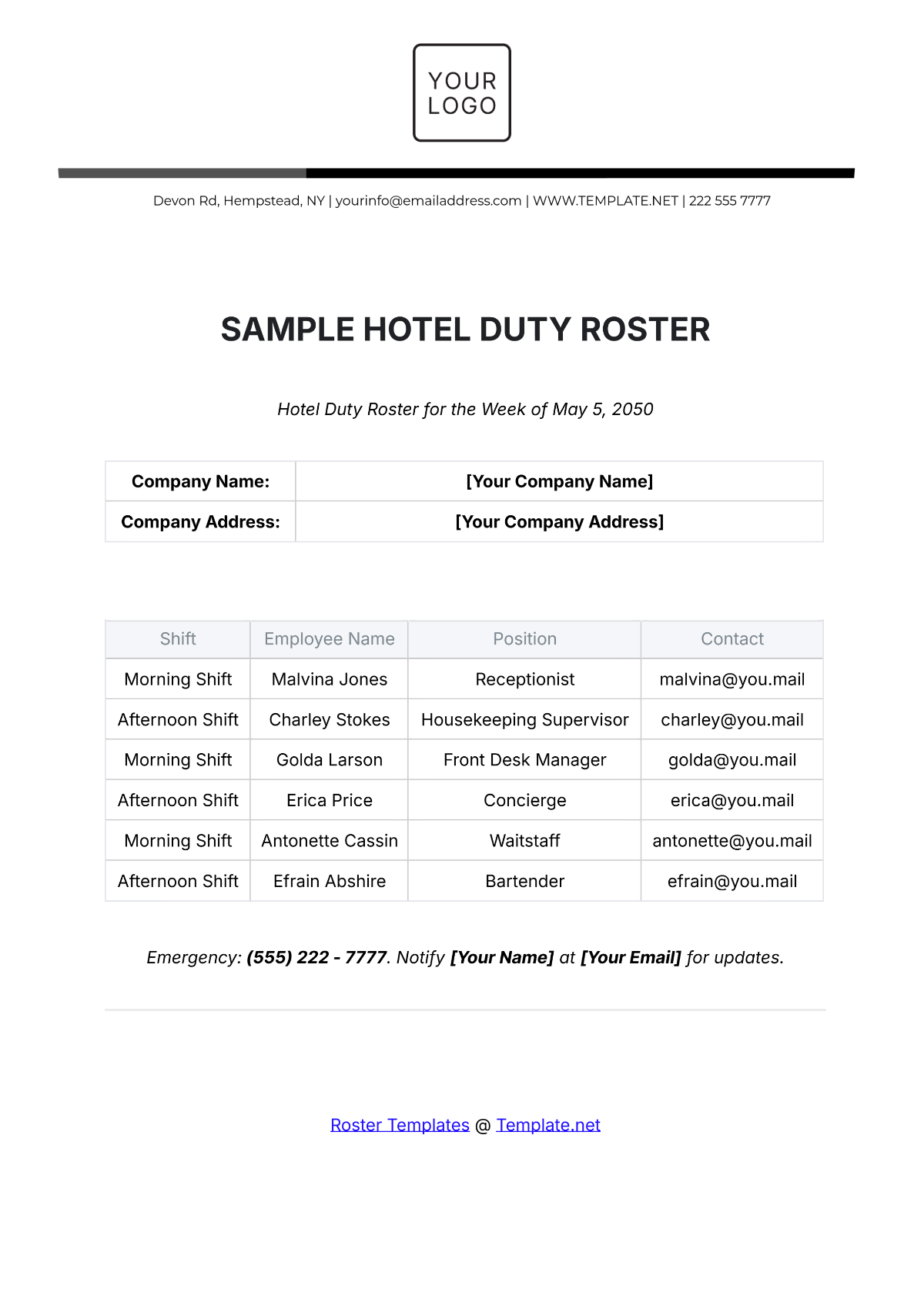 Free Monthly Duty Roster Template to Edit Online