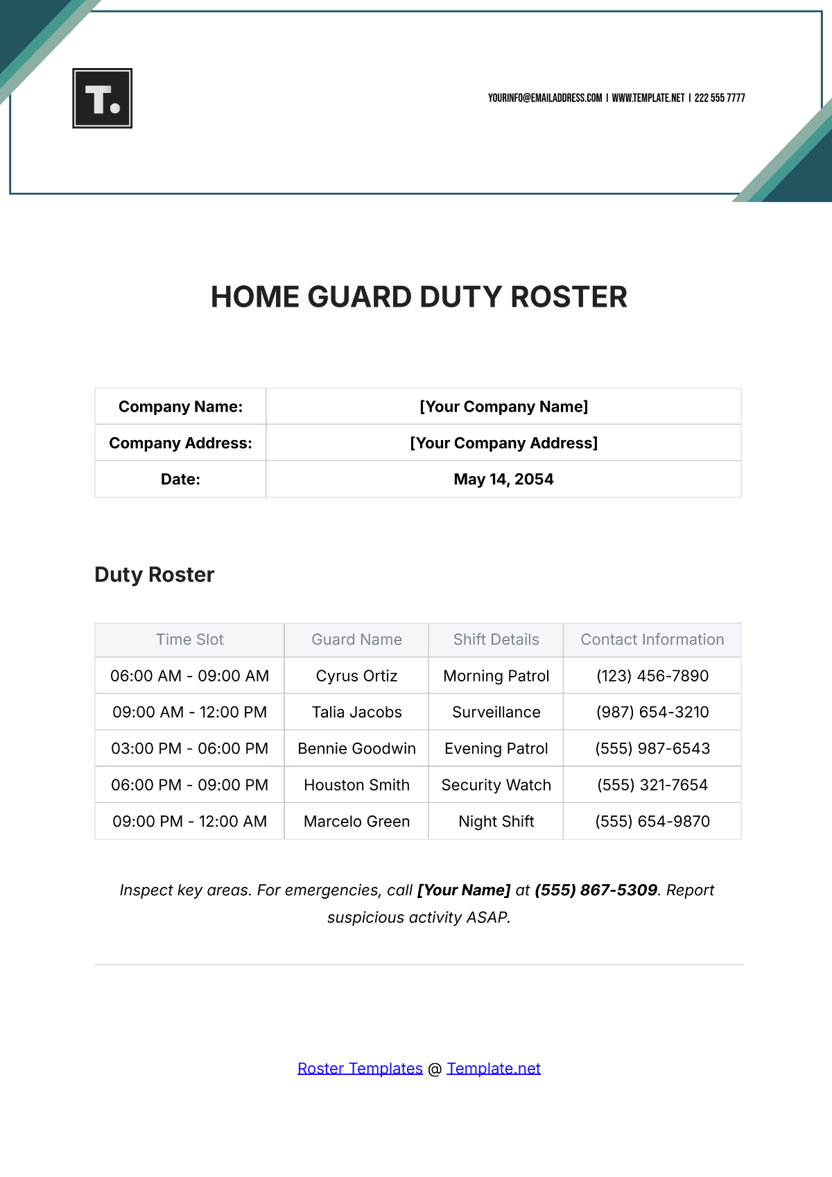 Homeguard Duty Roster Template - Edit Online & Download