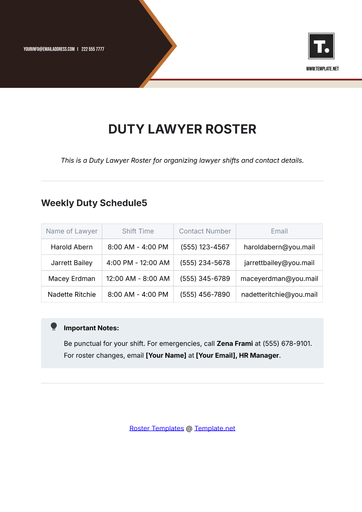 Duty Lawyer Roster Template - Edit Online & Download