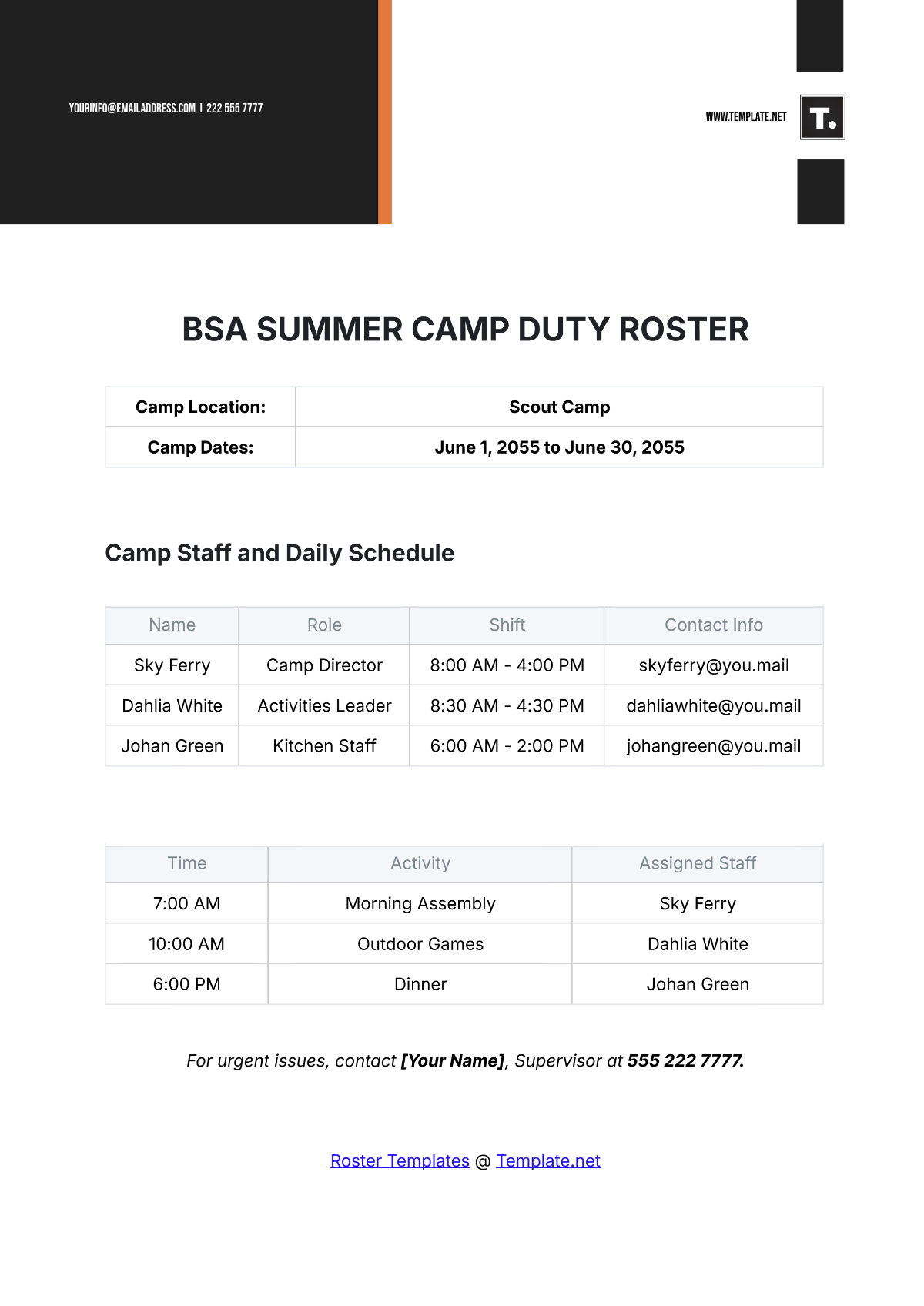 BSA Summer Camp Duty Roster Template - Edit Online & Download