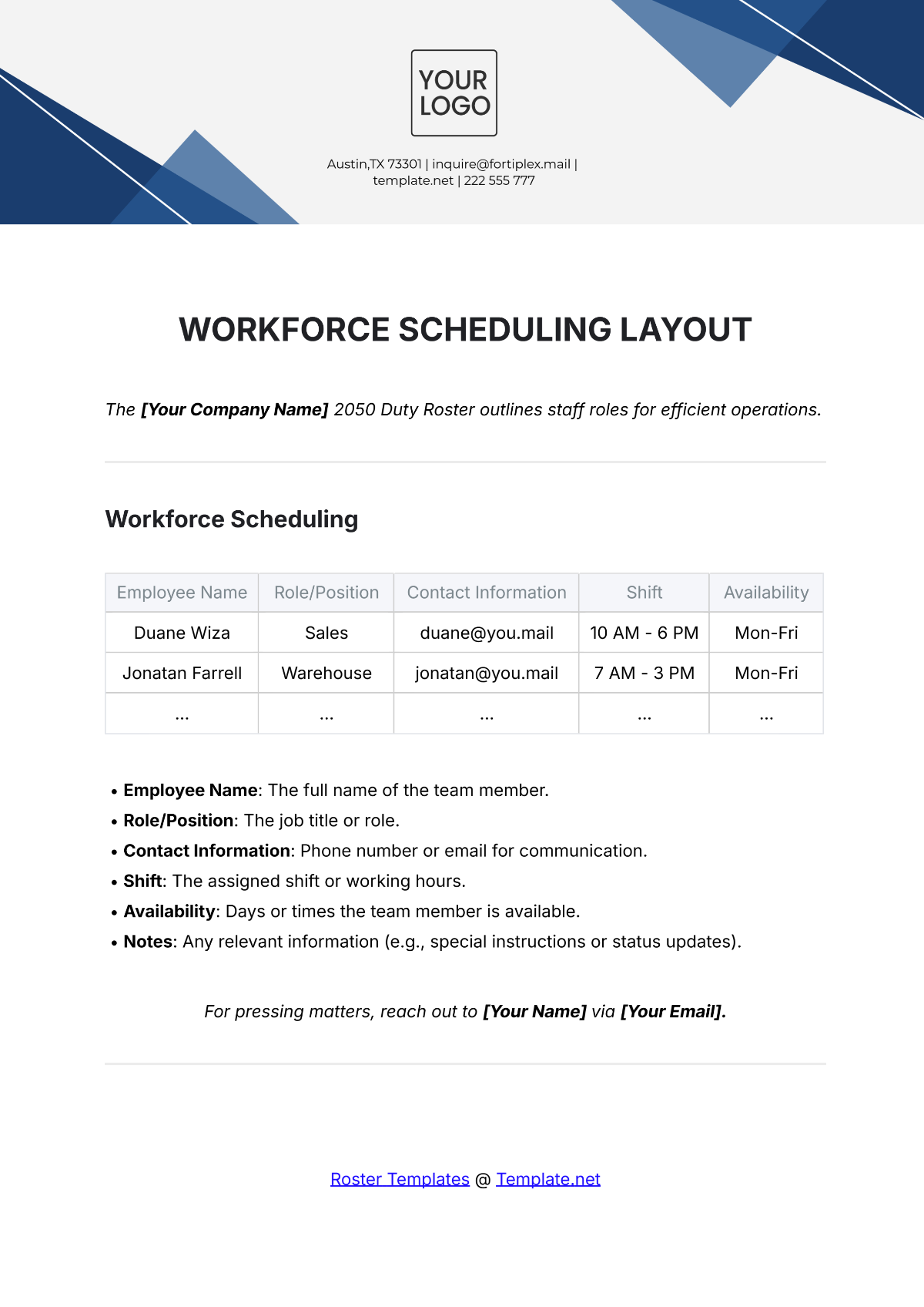 Workforce Scheduling Layout Template - Edit Online & Download