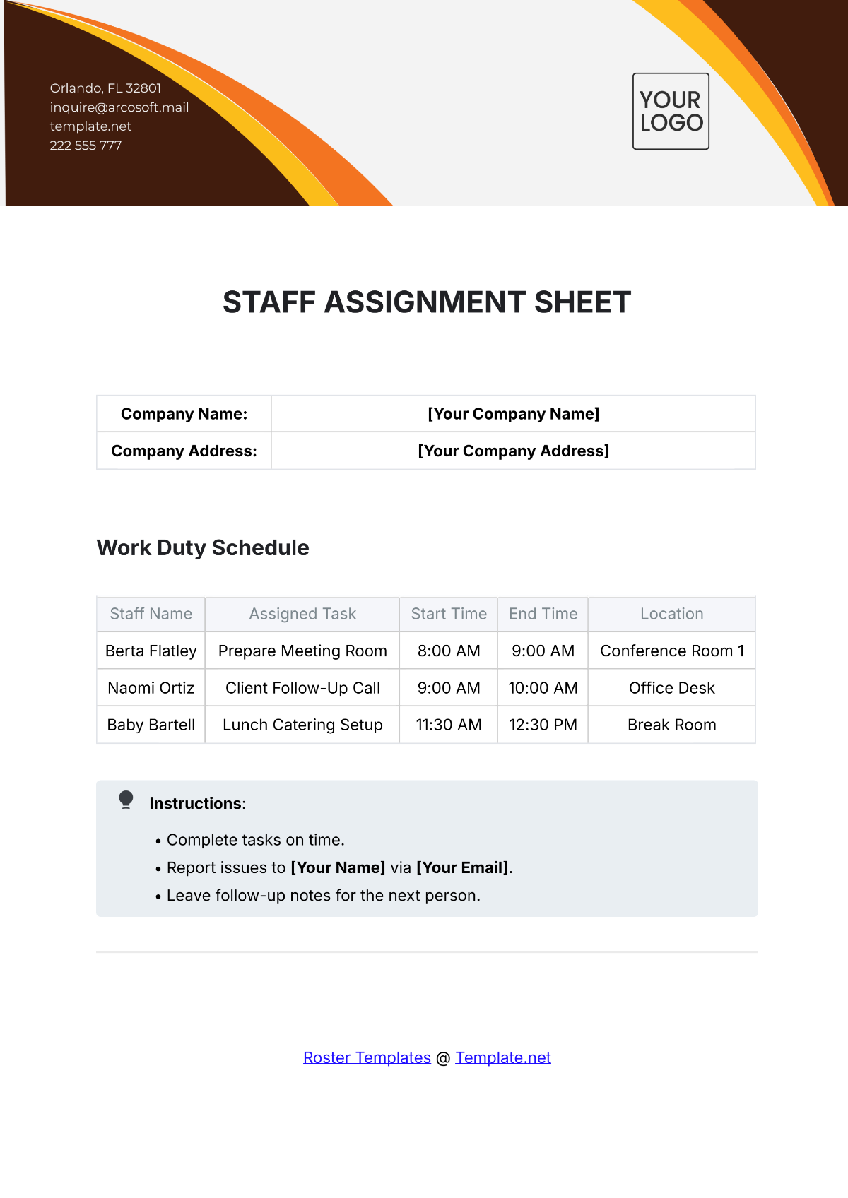 Free Staff Assignment Sheet Template to Edit Online