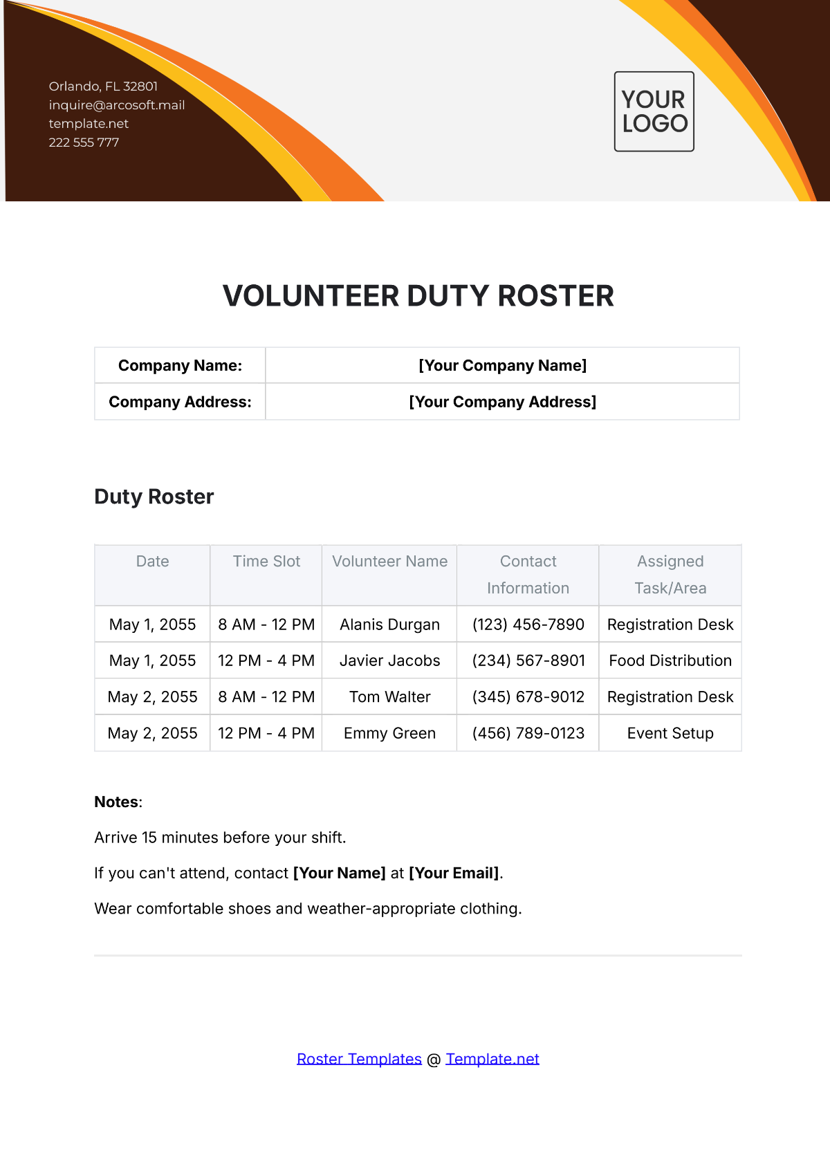 Volunteer Duty Roster Template - Edit Online & Download