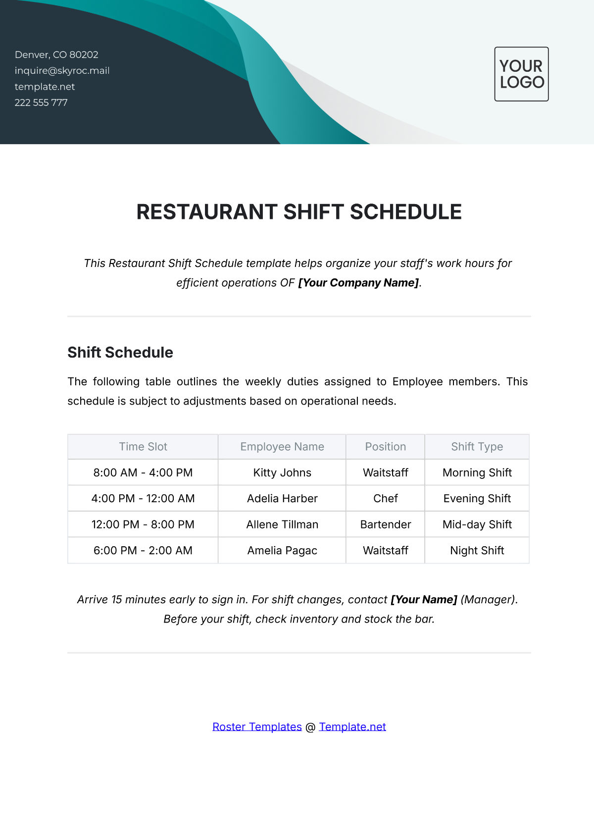 Restaurant Shift Schedule Template - Edit Online & Download