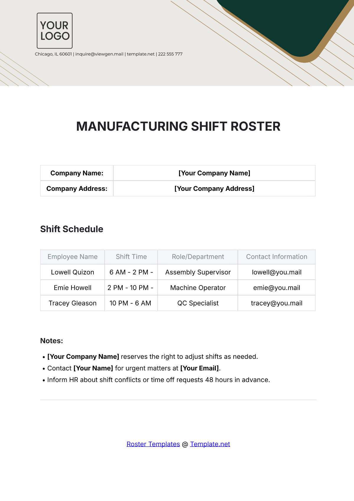 Manufacturing Shift Roster Template - Edit Online & Download