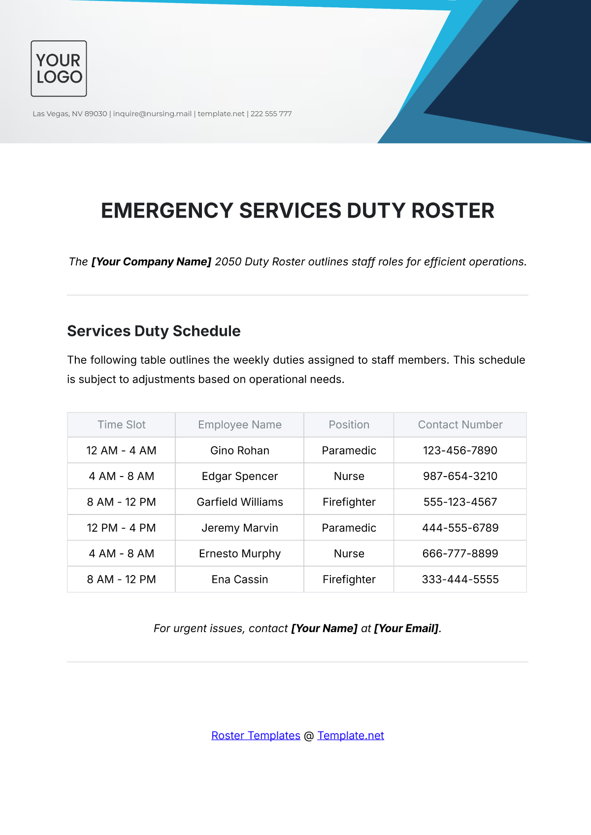 Emergency Services Duty Roster Template - Edit Online & Download