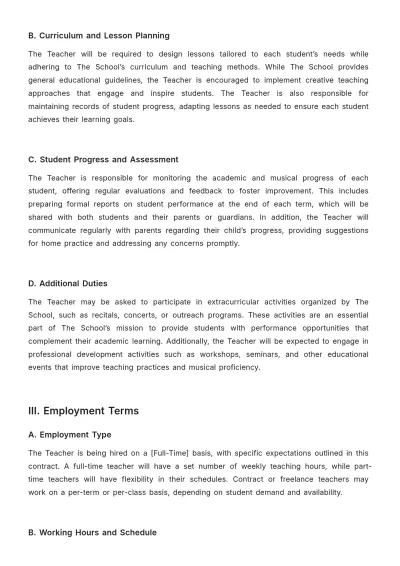 Free Music School Teacher Contract Template to Edit Online