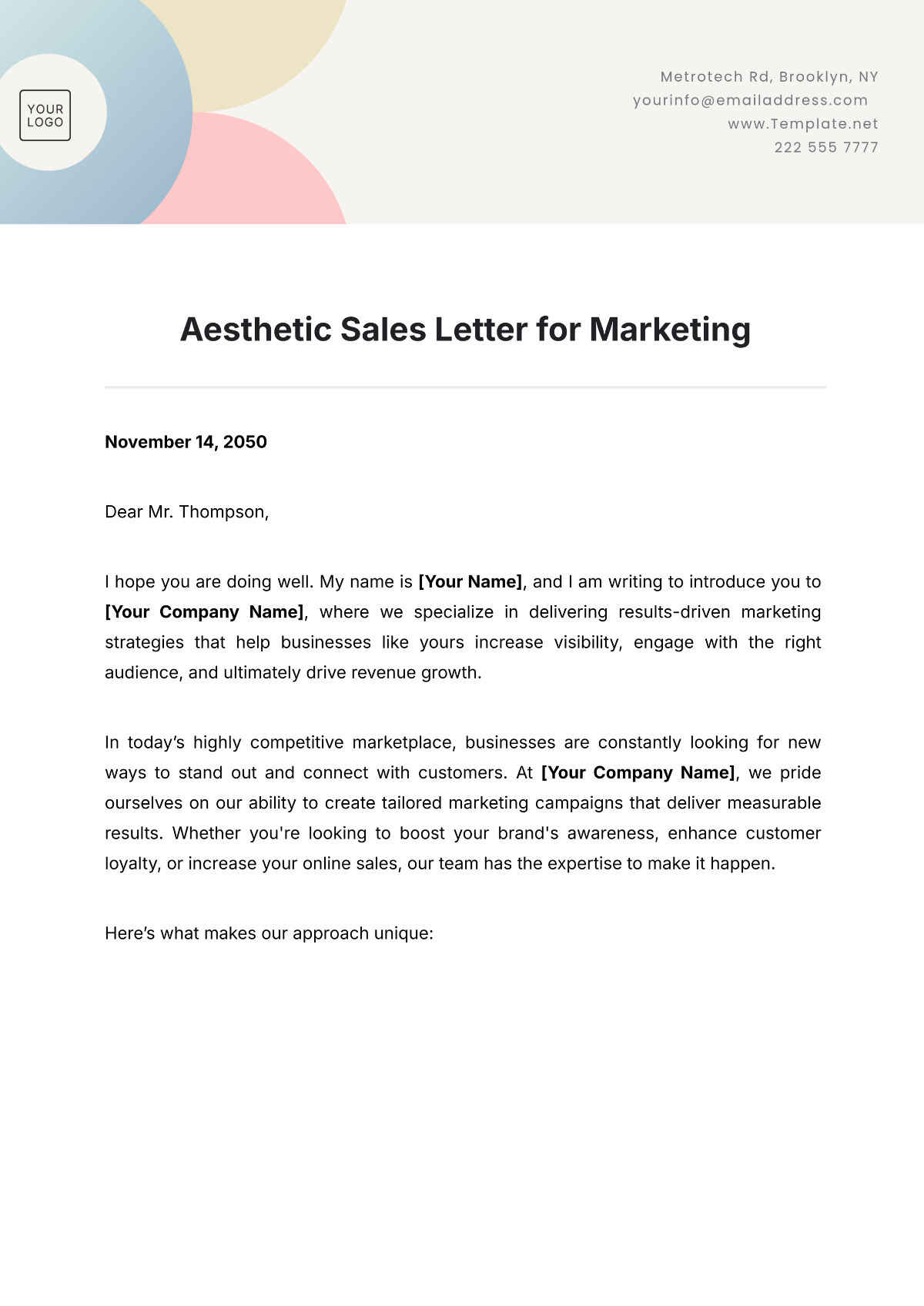 Aesthetic Sales Letter for Marketing Template - Edit Online & Download