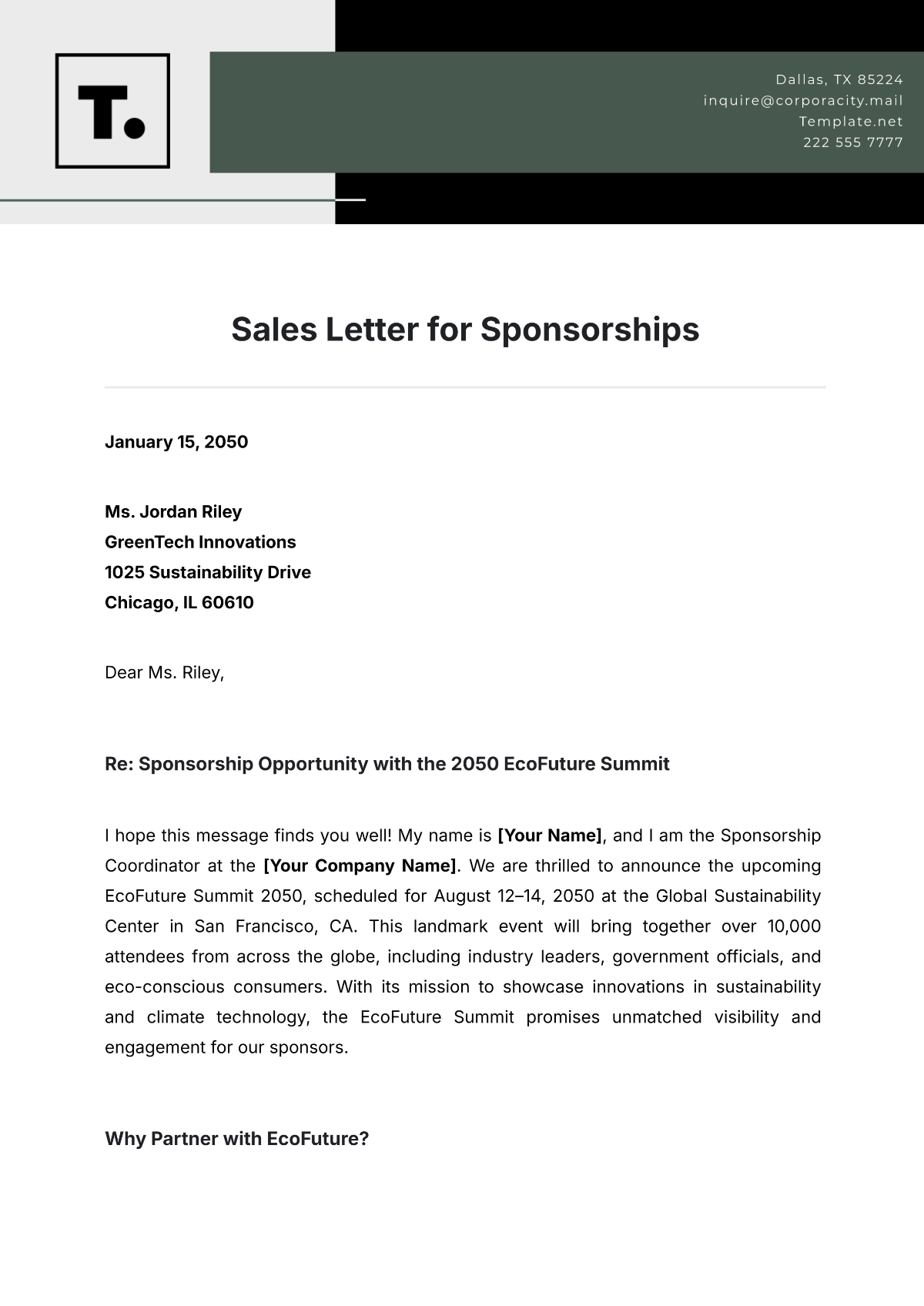 Sales Letter for Sponsorships Template - Edit Online & Download