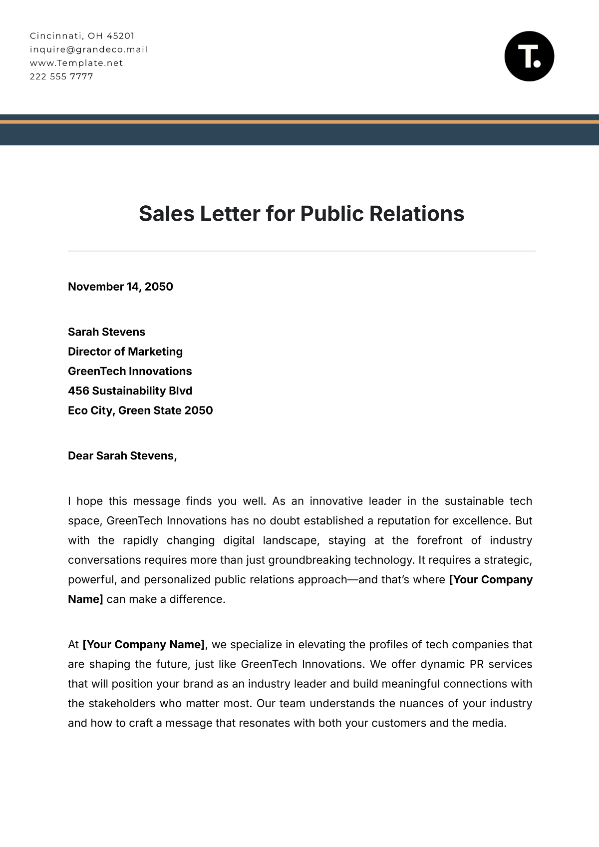 Sales Letter for Public Relations Template - Edit Online & Download