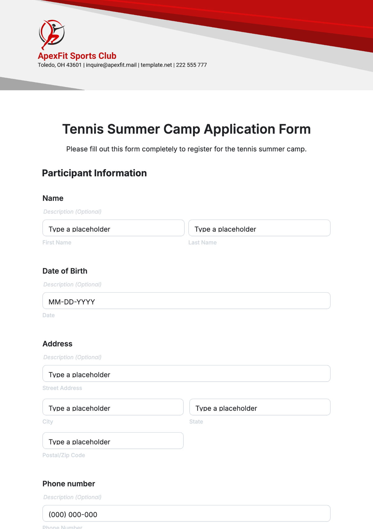 Tennis Summer Camp Application Form Template - Edit Online & Download