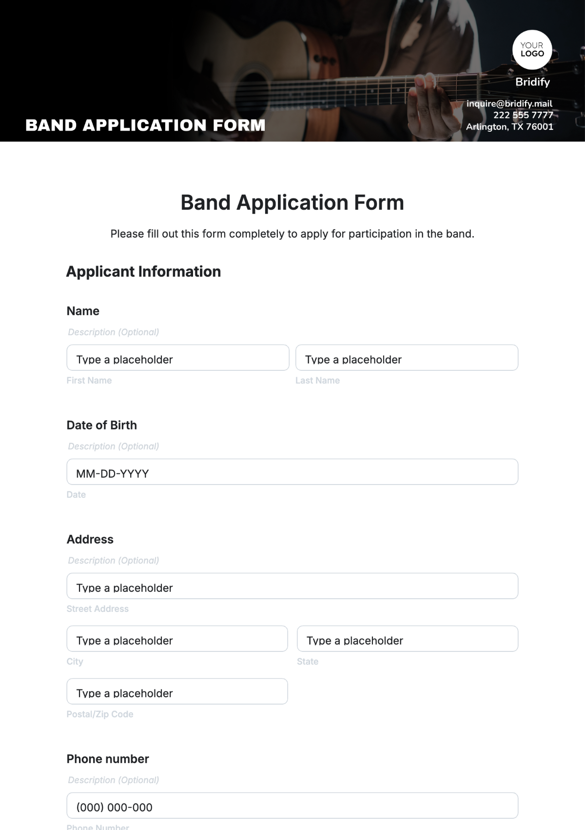 Band Application Form Template - Edit Online & Download