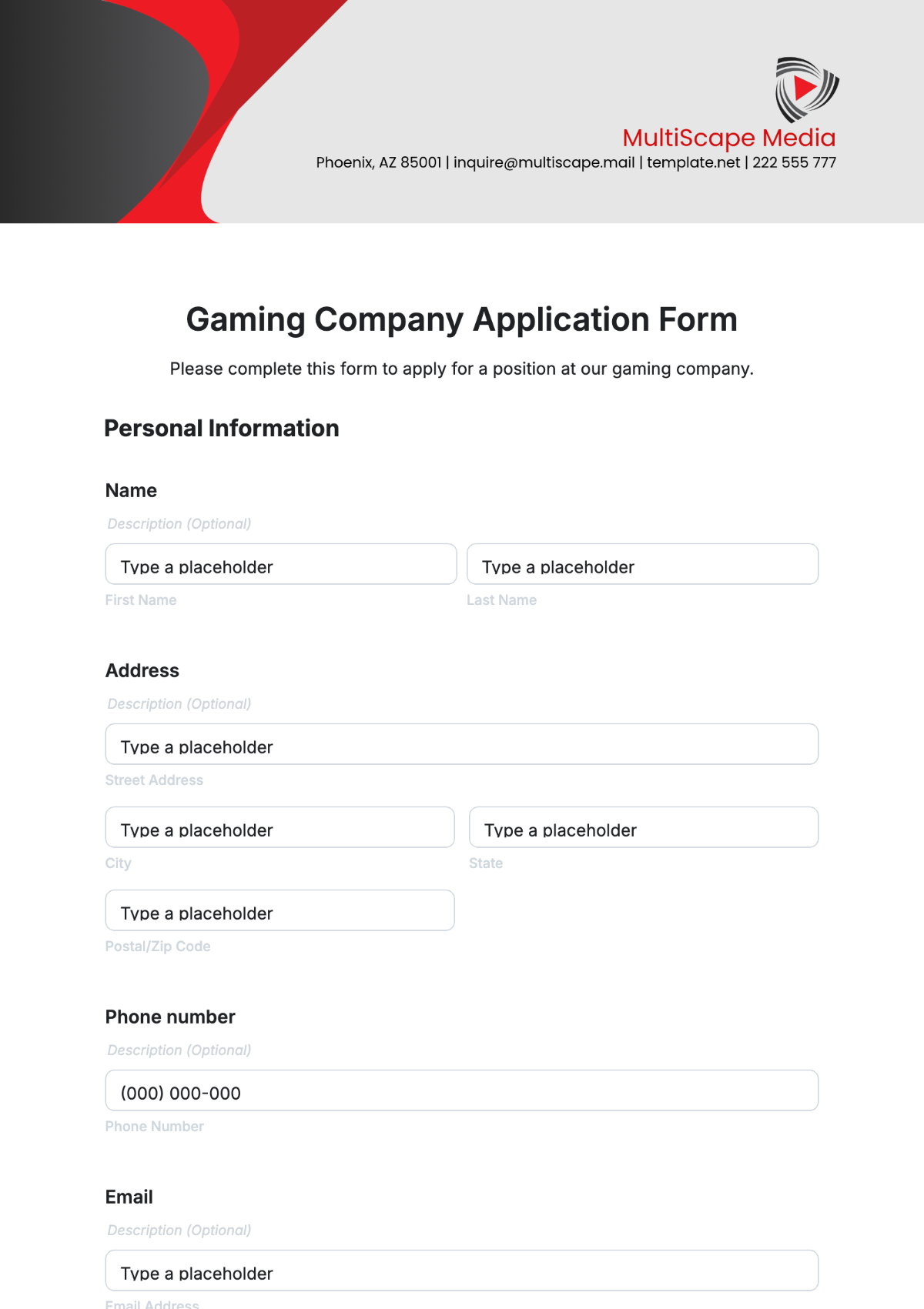 Gaming Company Application Form Template - Edit Online & Download