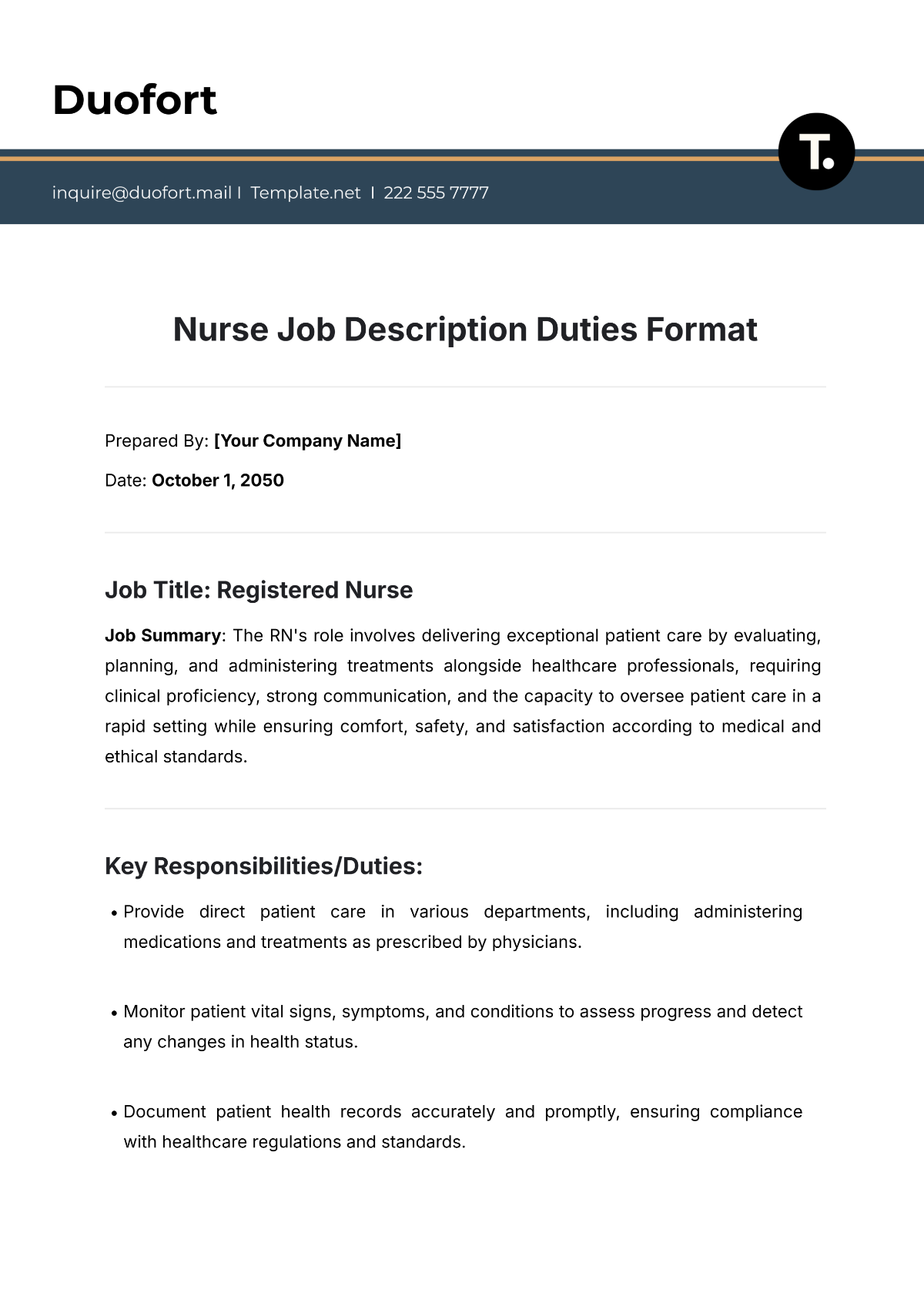 Nurse Job Description Duties Format Template - Edit Online & Download