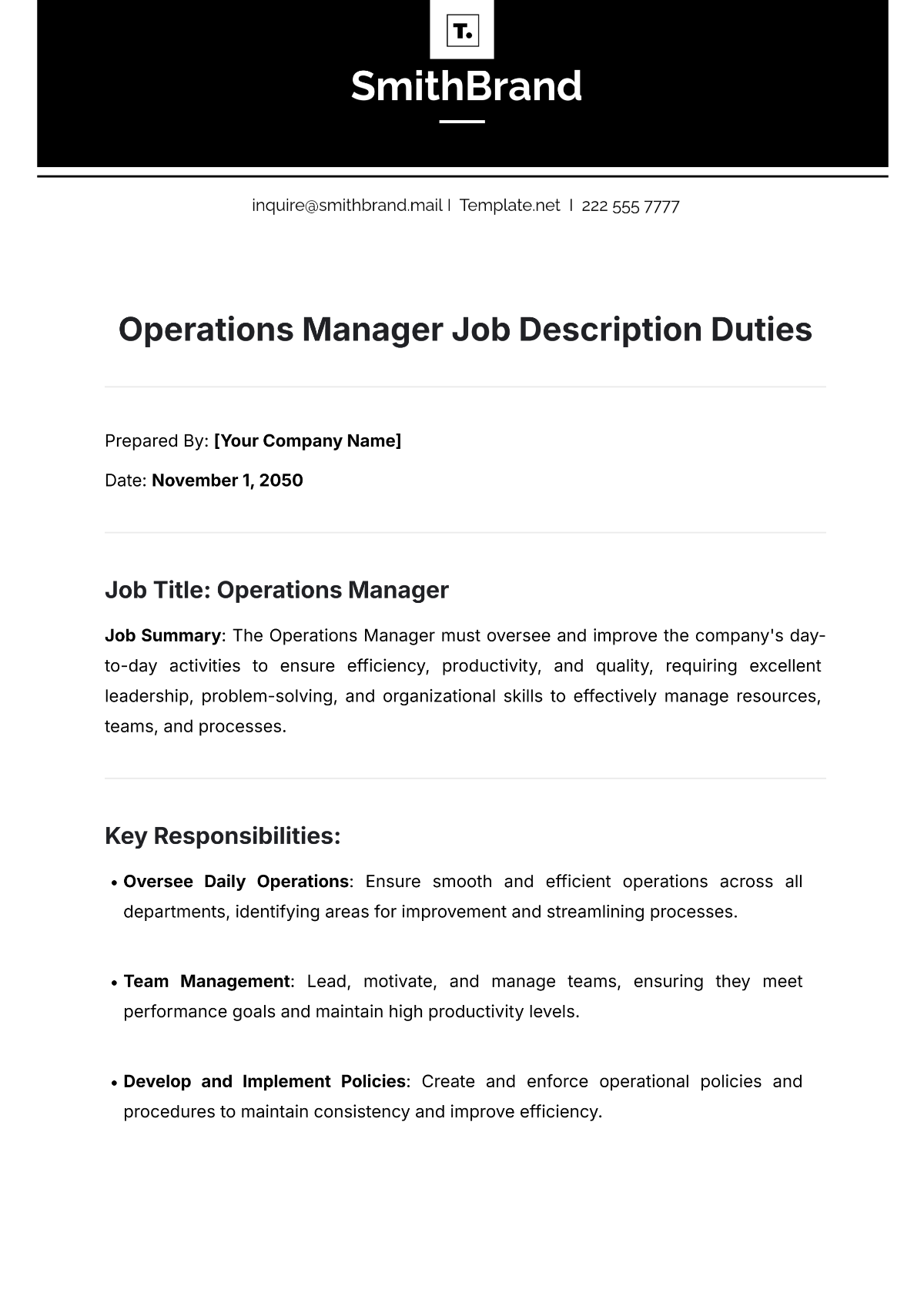 Operations Manager Job Description Duties Template - Edit Online & Download