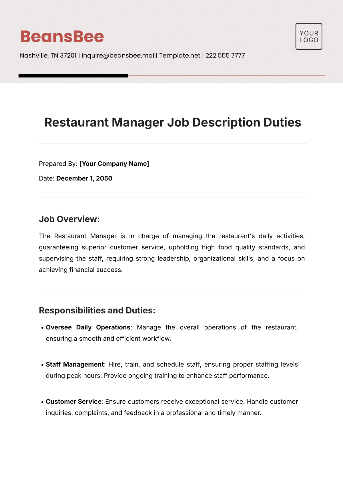 Restaurant Manager Job Description Duties Template - Edit Online & Download