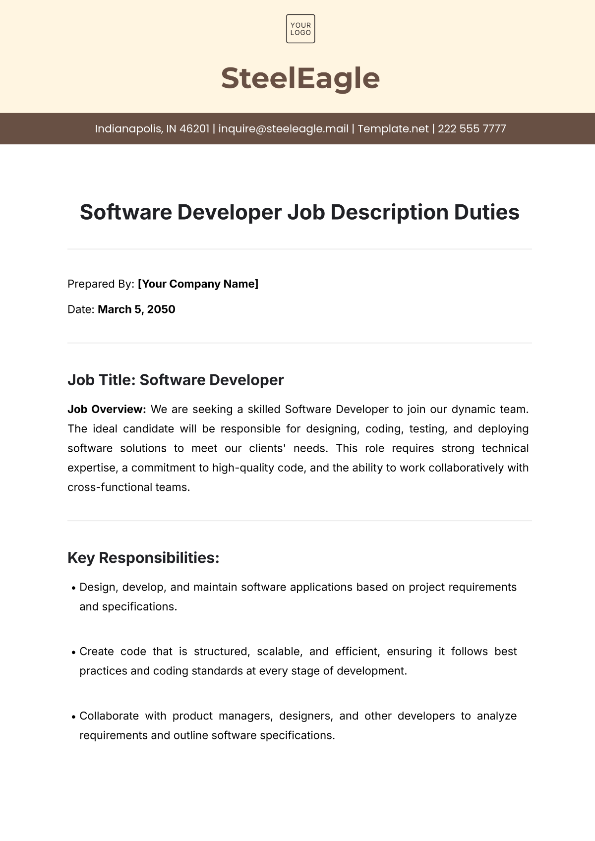 Software Developer Job Description Duties Template - Edit Online & Download