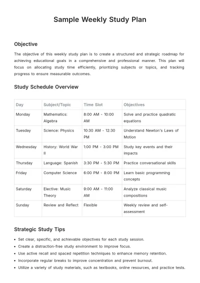Free Sample Weekly Study Plan Template to Edit Online