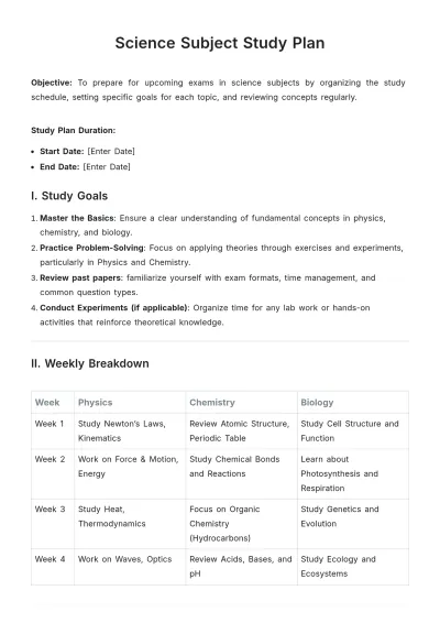 Free Science Subject Study Plan Template to Edit Online