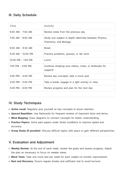 Free Science Subject Study Plan Template to Edit Online