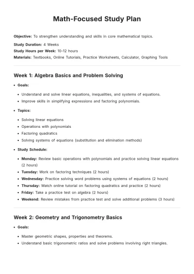 Free Math-Focused Study Plan Template to Edit Online