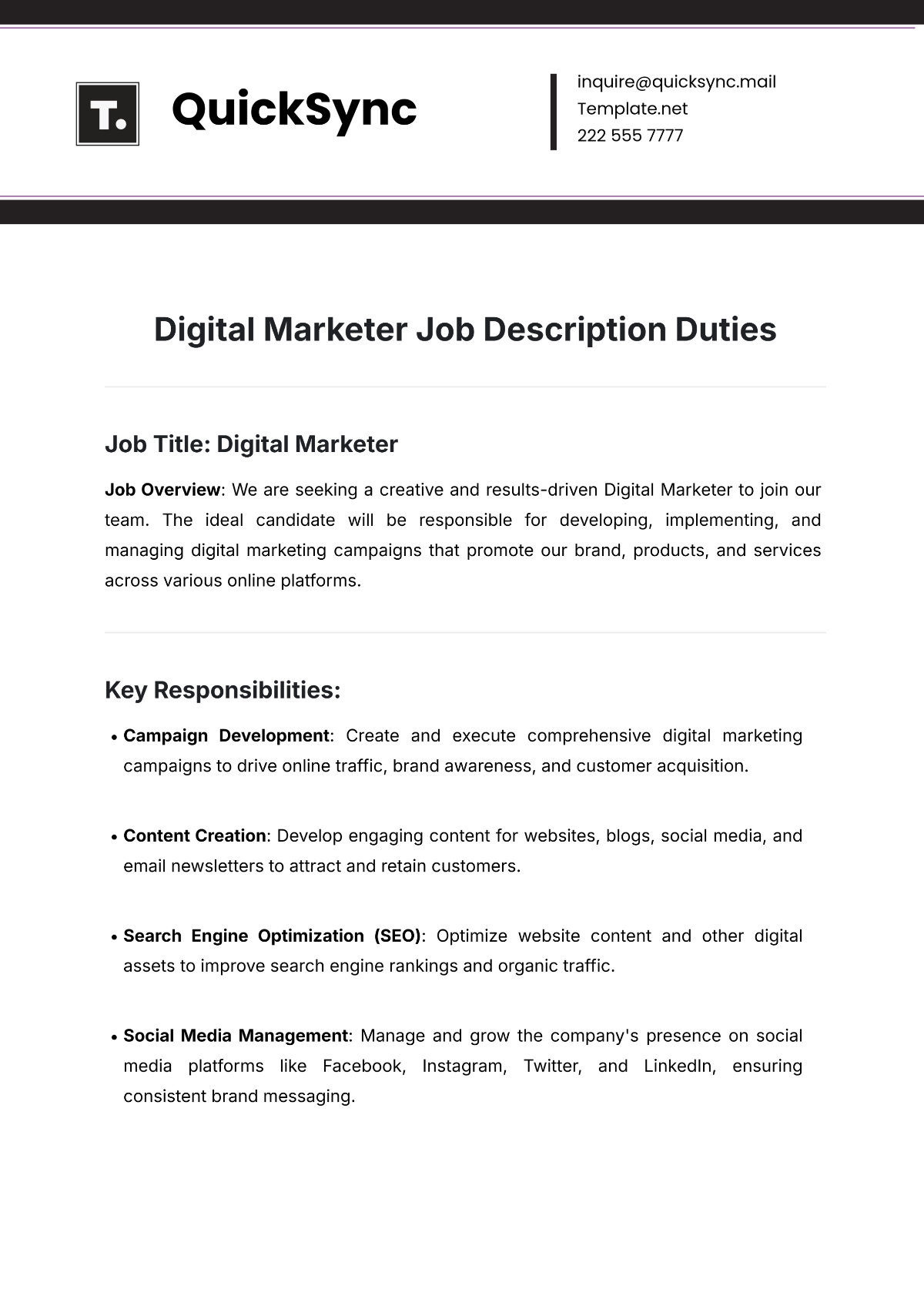 Digital Marketer Job Description Duties Template - Edit Online & Download