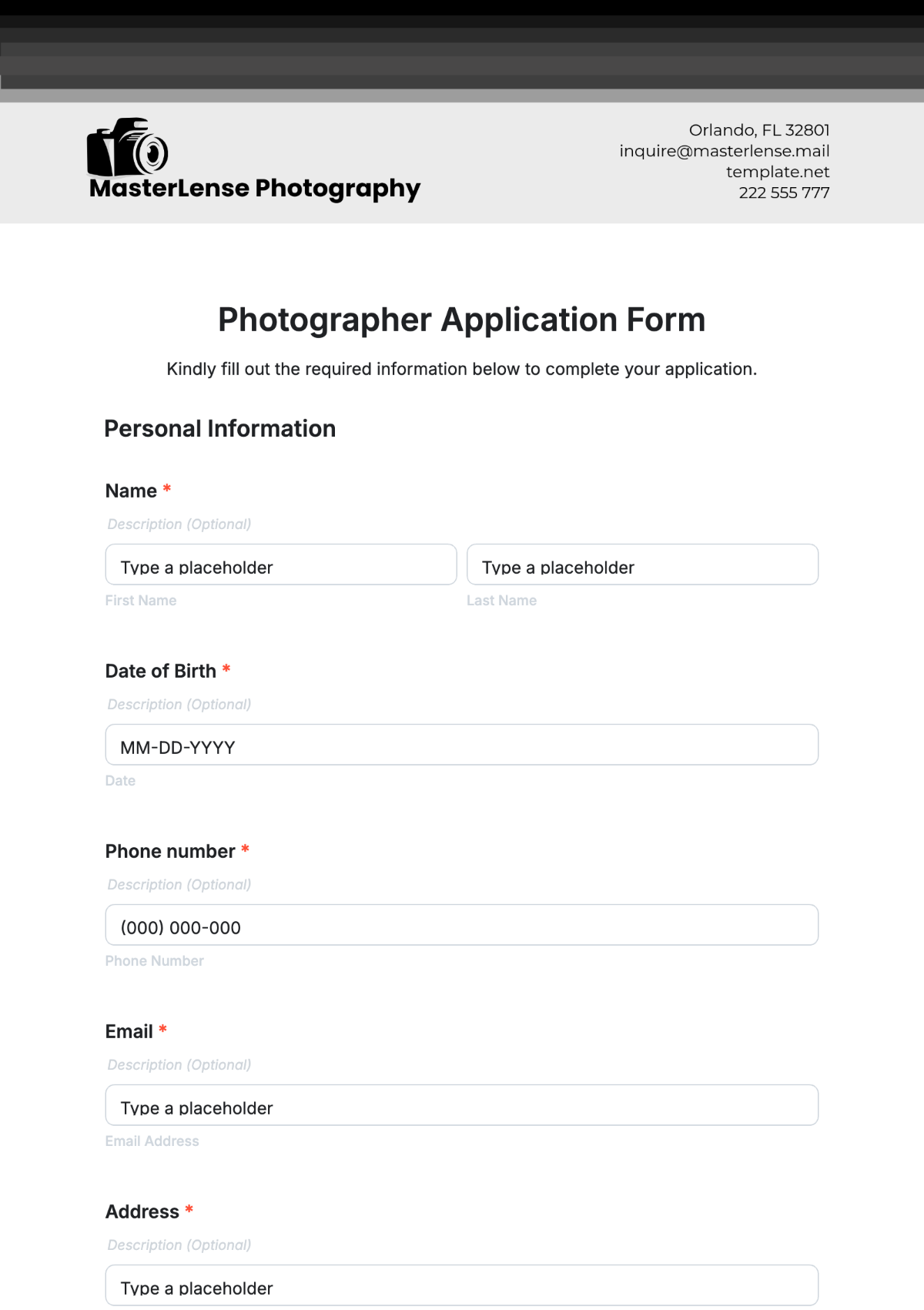 Photographer Application Form Template - Edit Online & Download