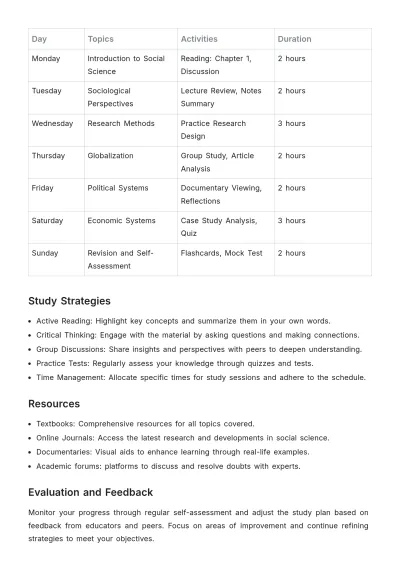 Free Study Plan for Social Science Template to Edit Online