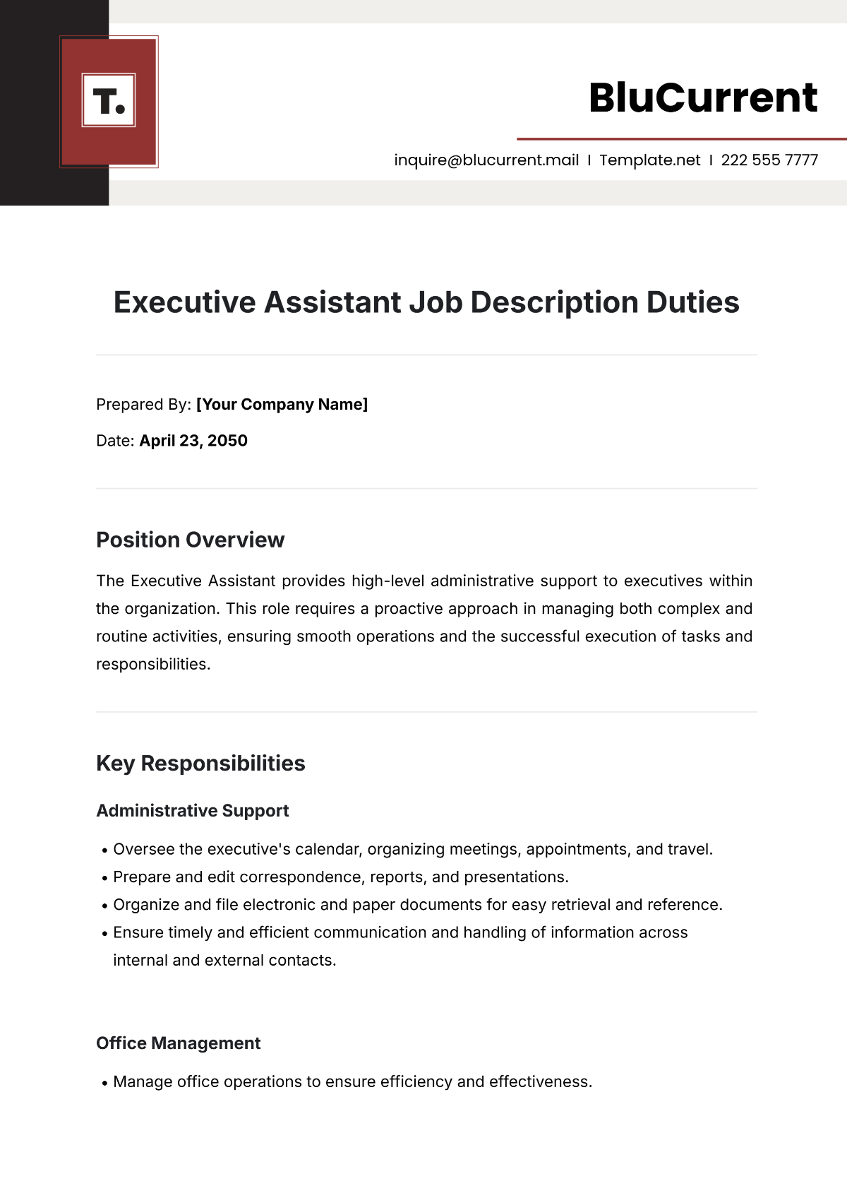 Executive Assistant Job Description Duties Template - Edit Online & Download