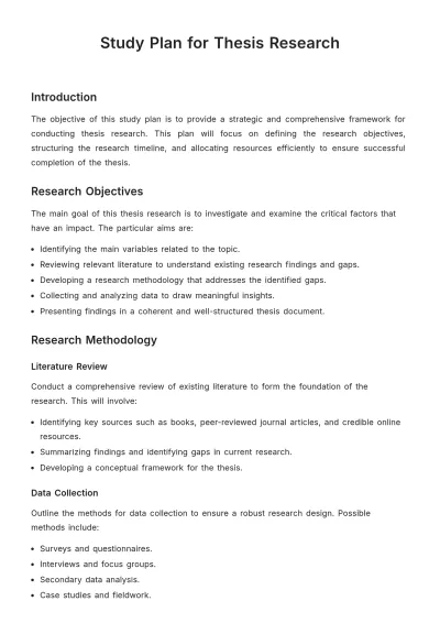 Free Study Plan for Thesis Research Template to Edit Online