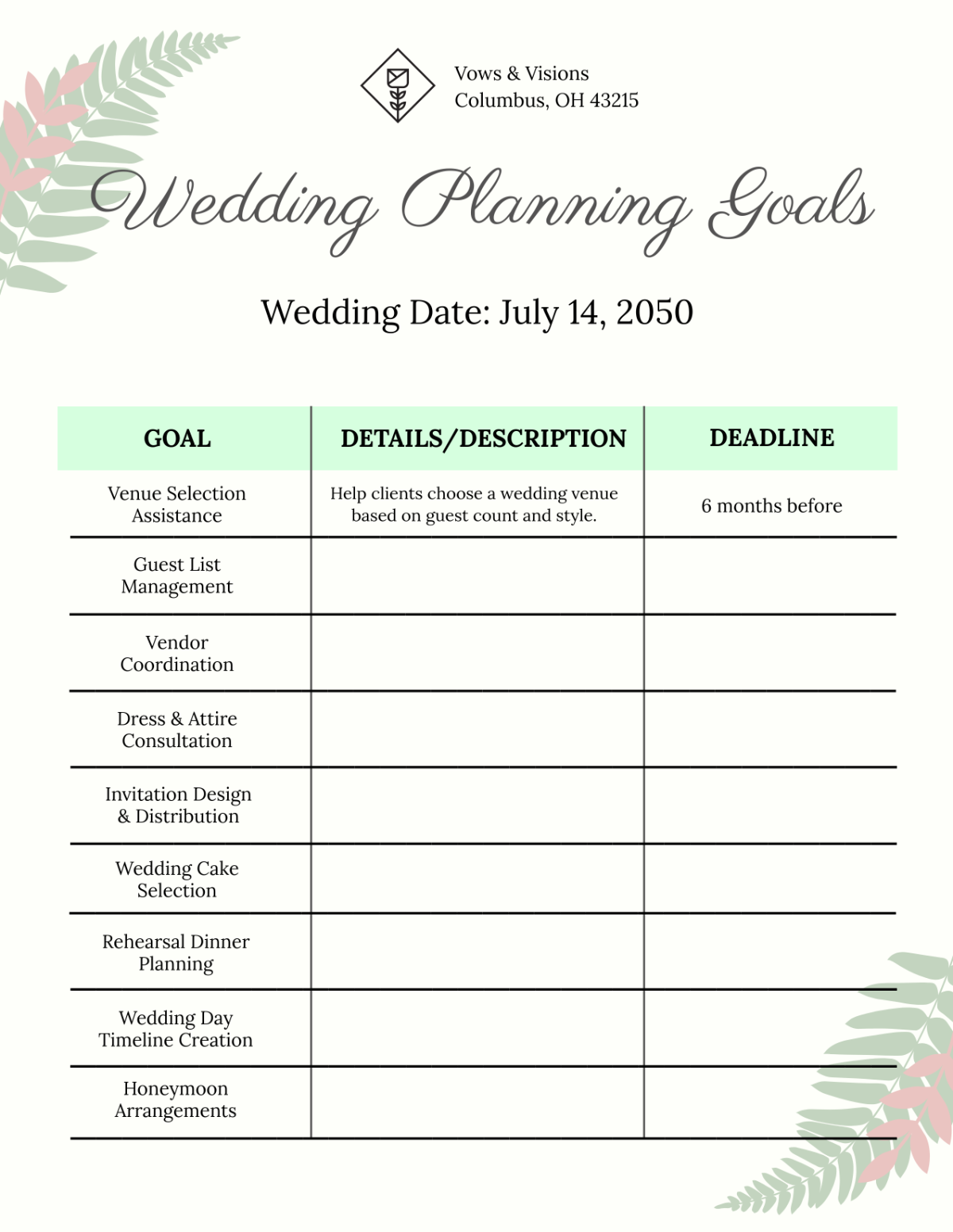 Wedding Planning Goals Template