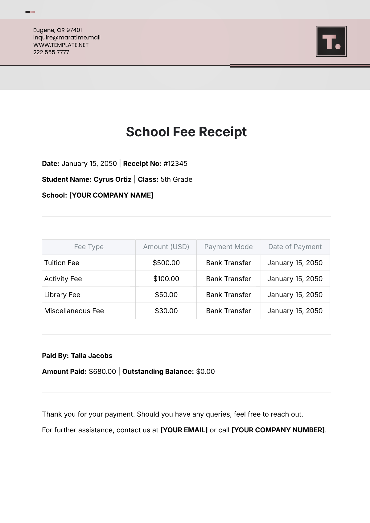 Free School Fee Receipt Template to Edit Online