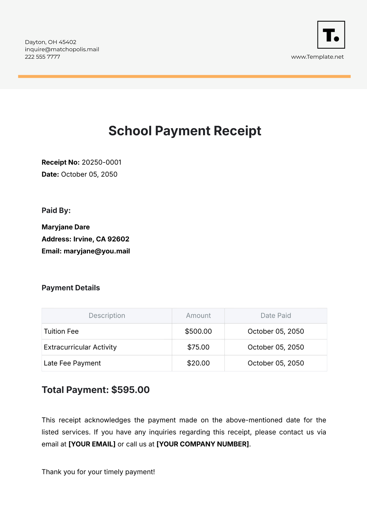 School Payment Receipt Template - Edit Online & Download