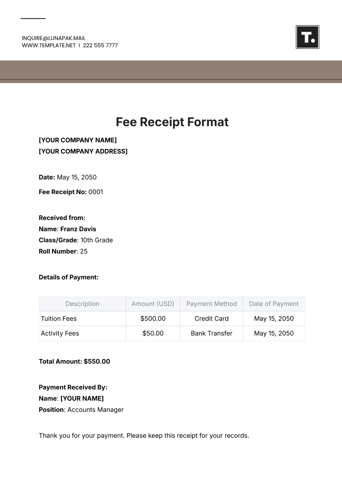 Fee Receipt Format Template - Edit Online & Download