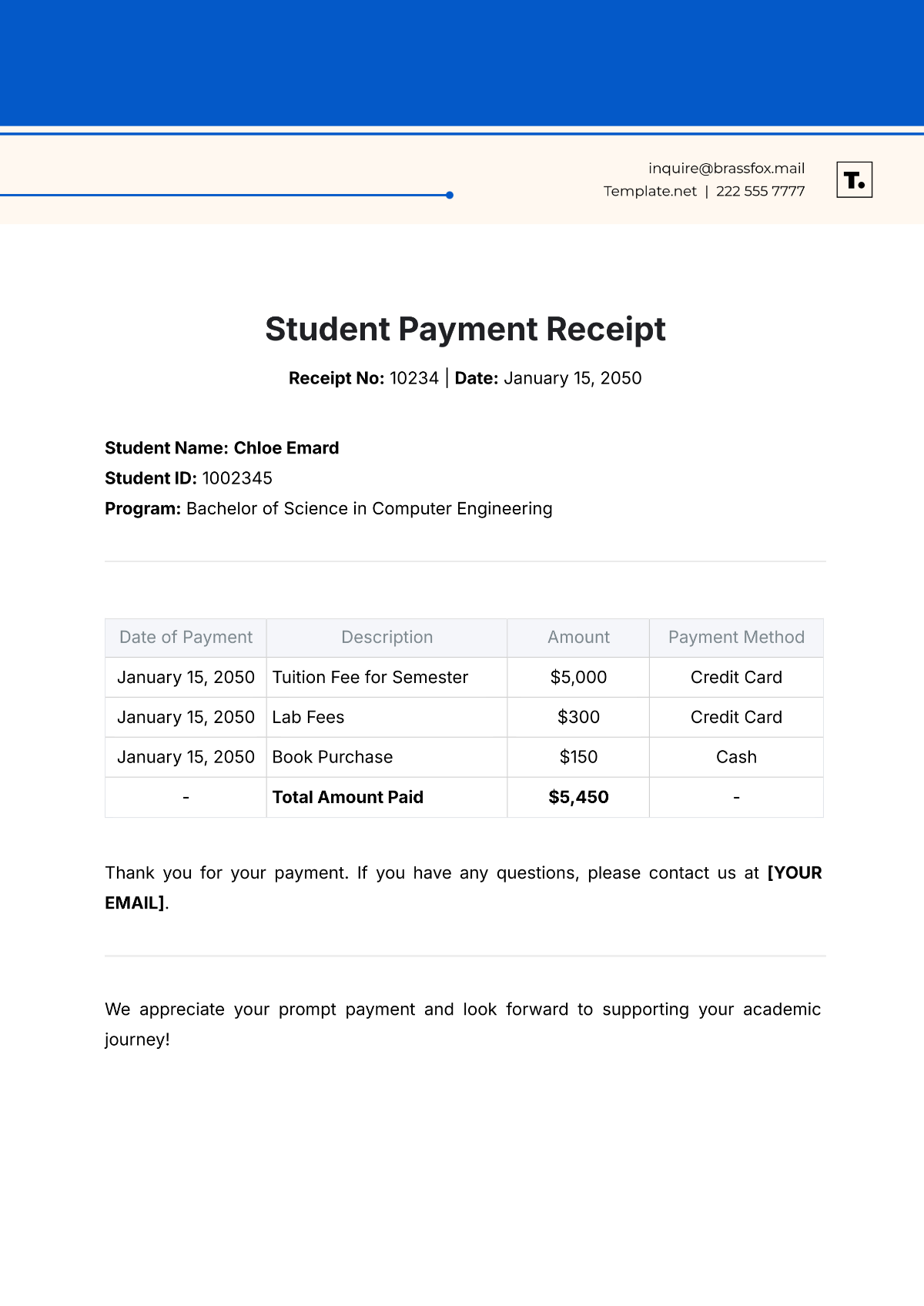 Student Payment Receipt Template - Edit Online & Download