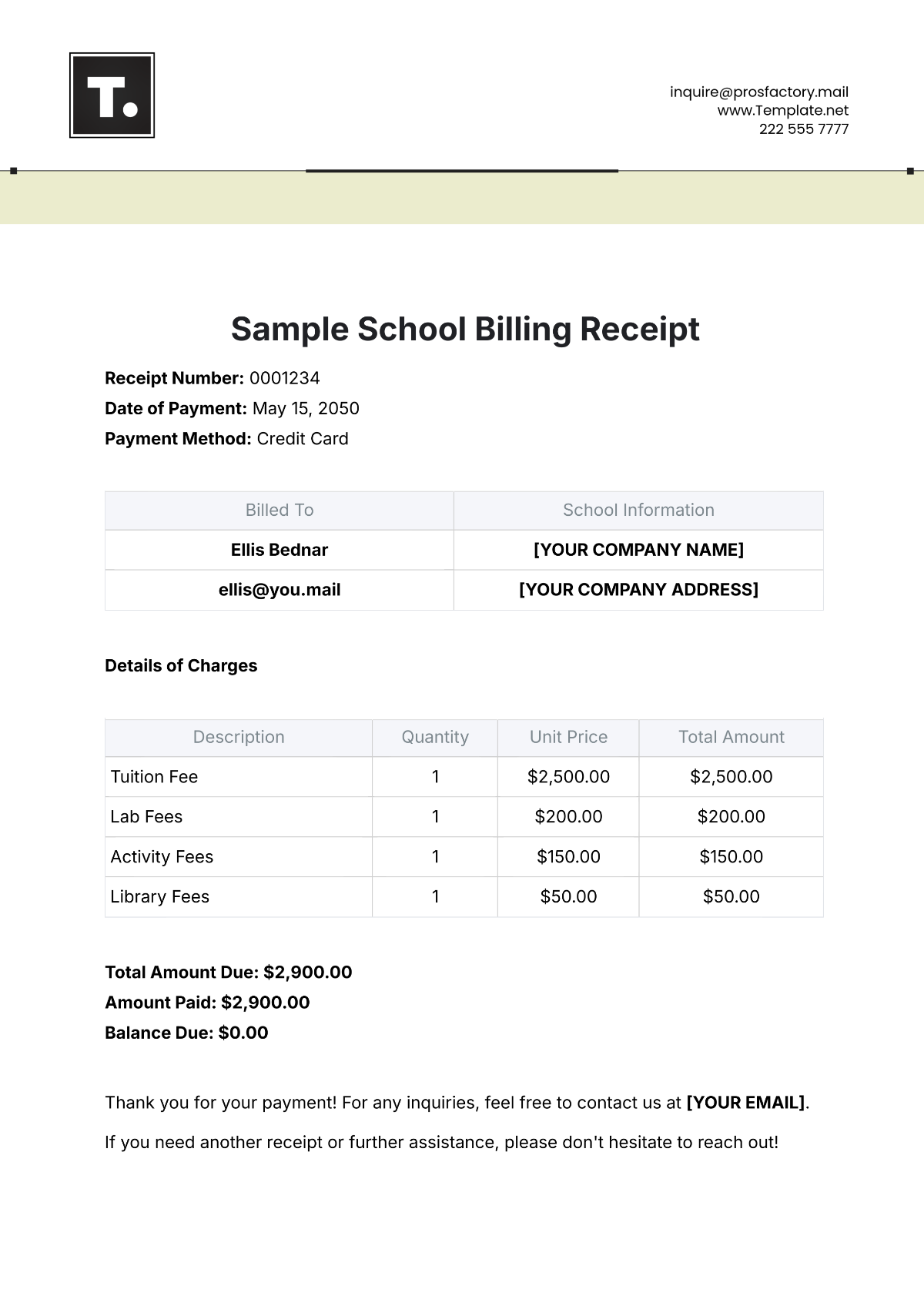 Sample School Billing Receipt Template - Edit Online & Download