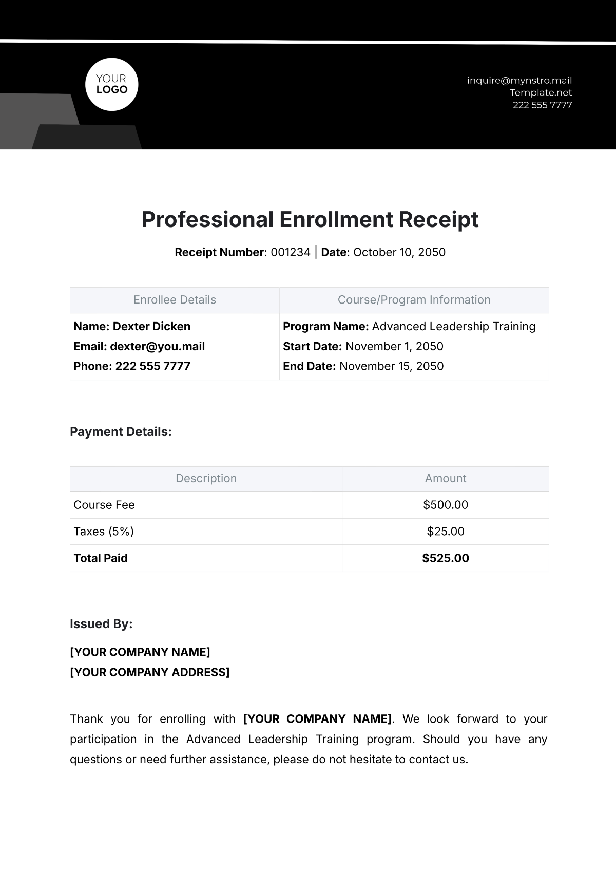 Professional Enrollment Receipt Template - Edit Online & Download