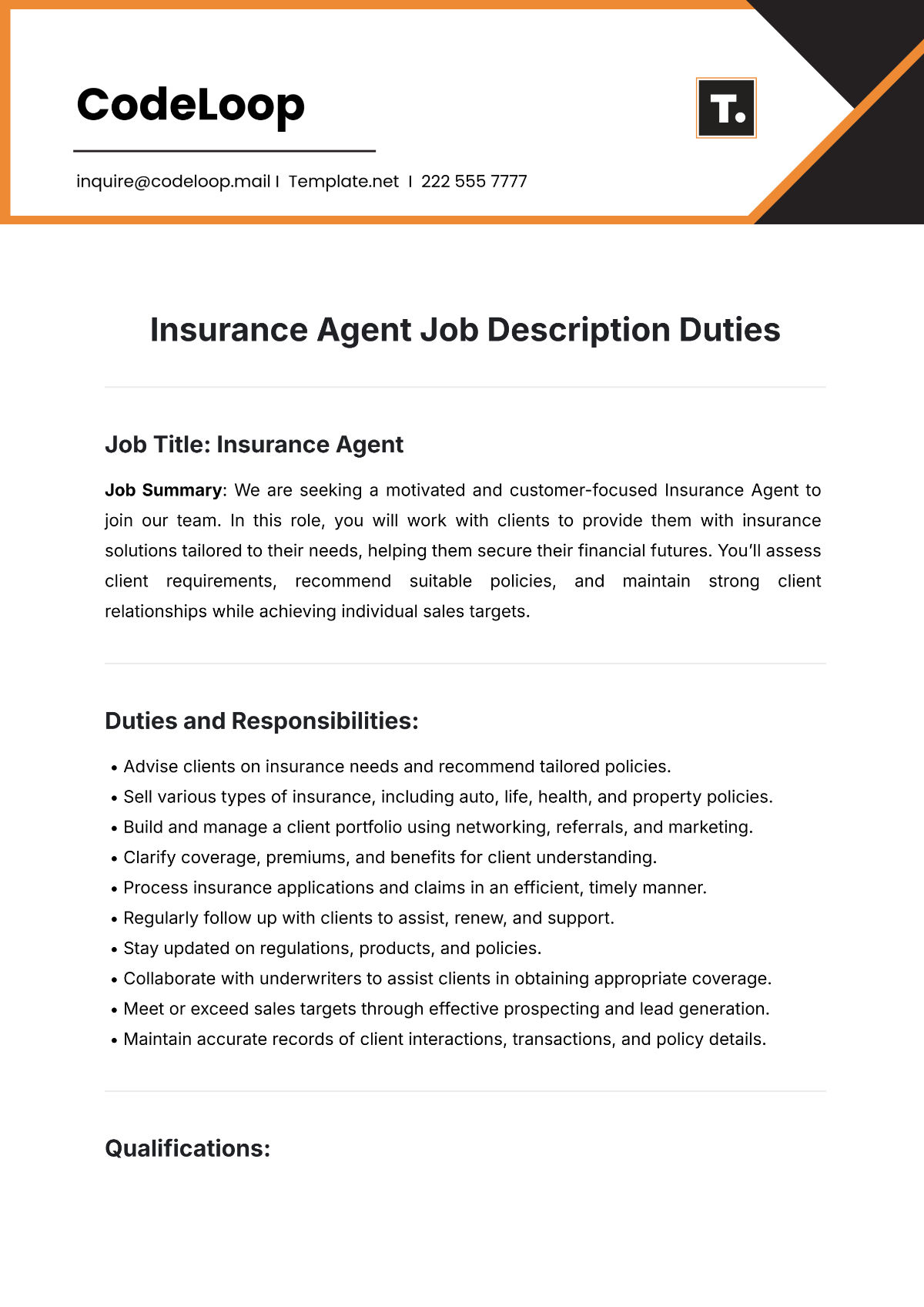 Insurance Agent Job Description Duties Template - Edit Online & Download