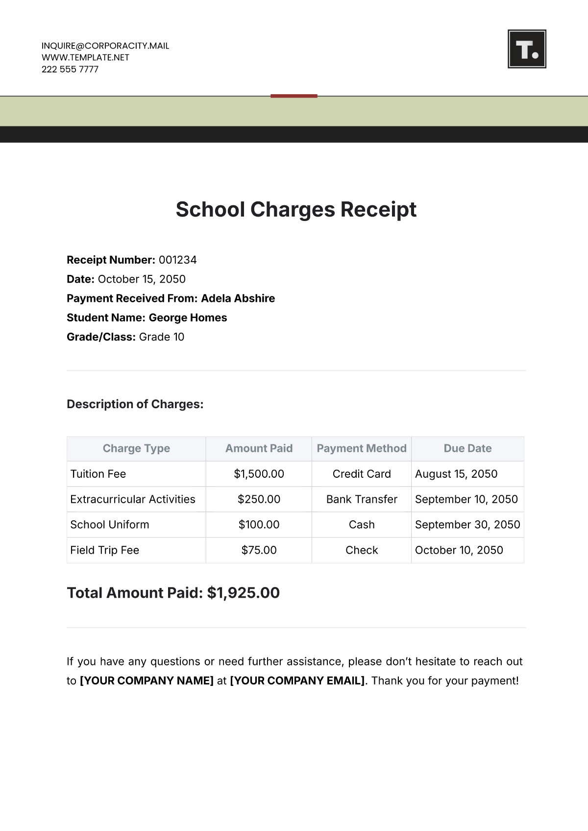 School Charges Receipt Template - Edit Online & Download