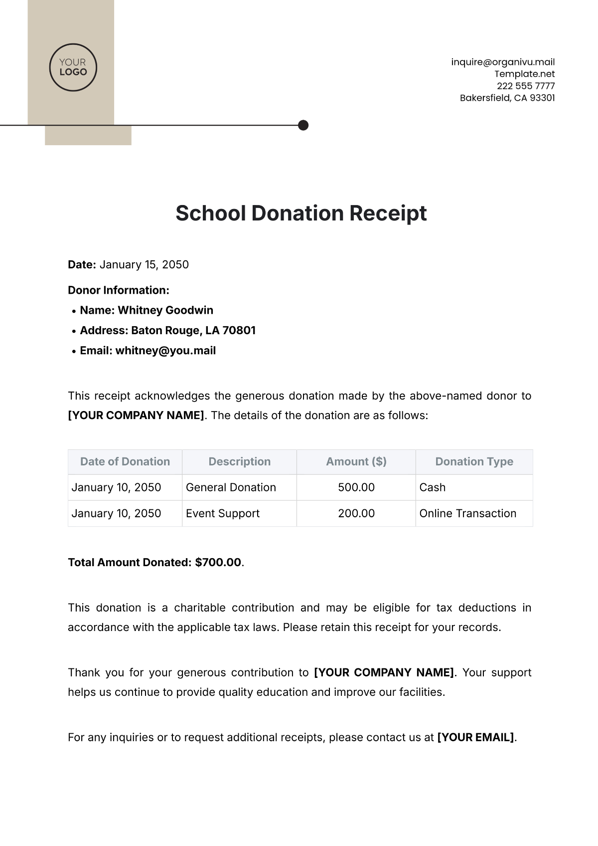 School Donation Receipt Template - Edit Online & Download