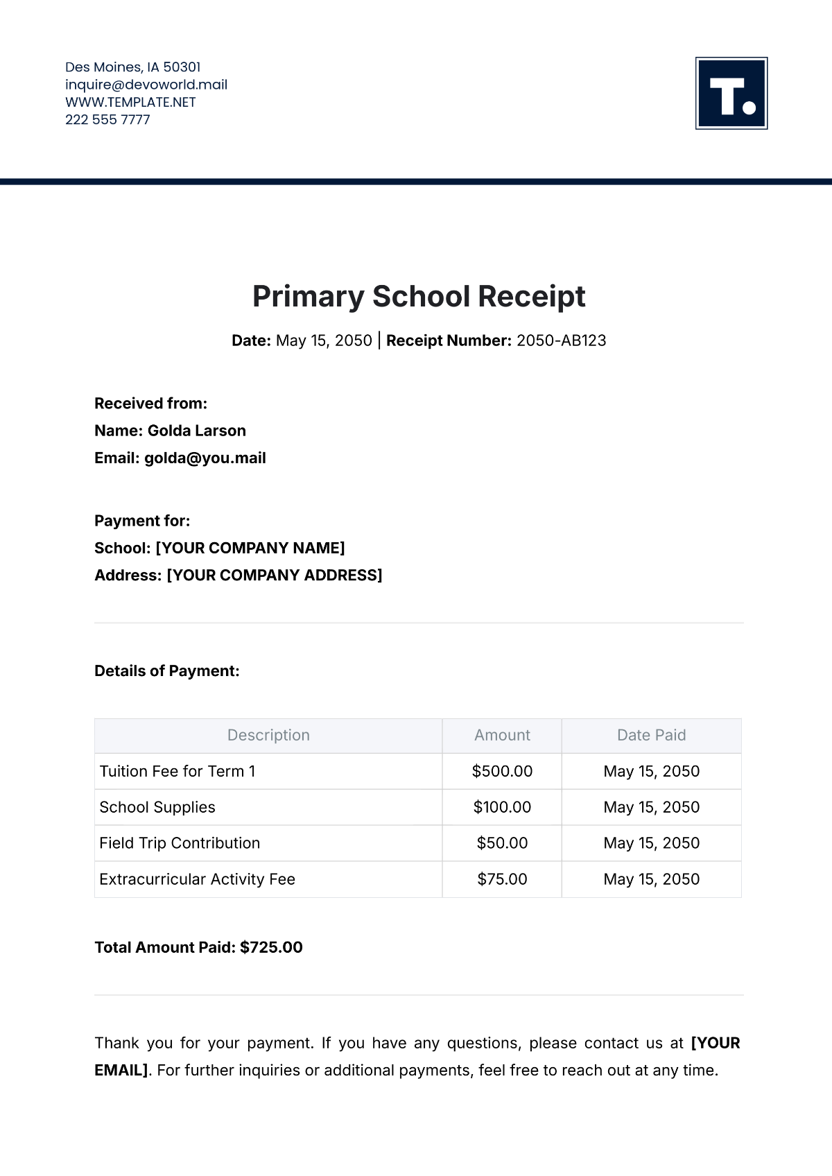 Free Primary School Receipt Template to Edit Online