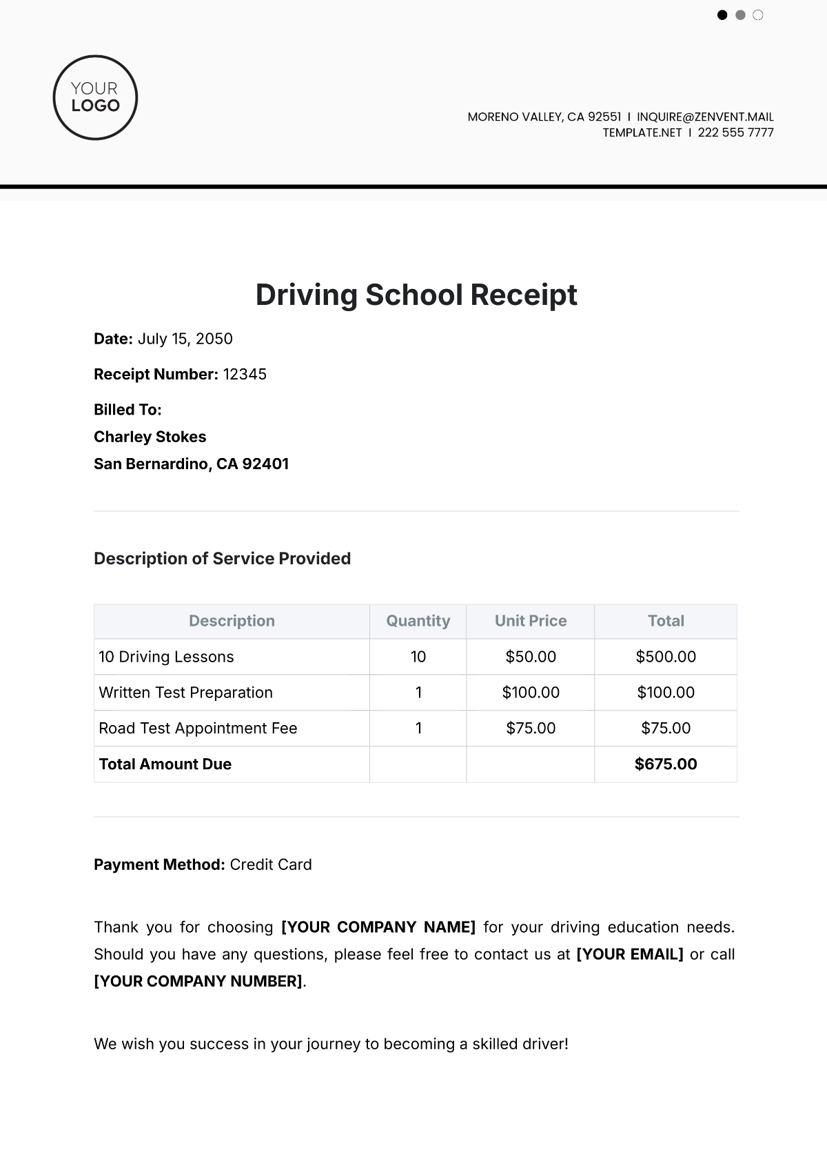 Driving School Receipt Template - Edit Online & Download