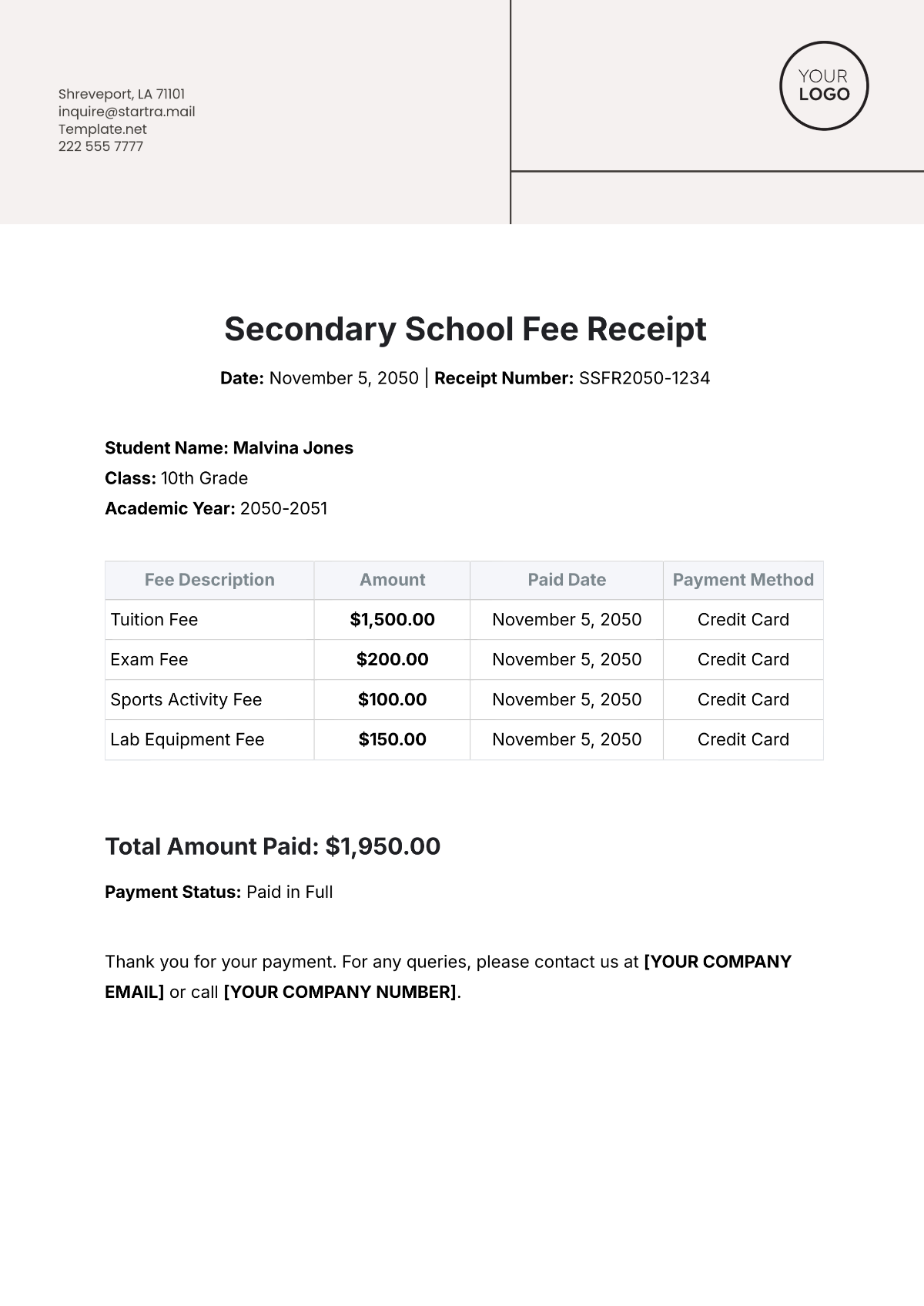 Secondary School Fee Receipt Template - Edit Online & Download