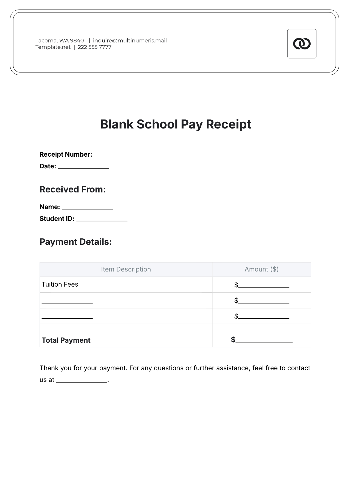 Blank School Pay Receipt Template - Edit Online & Download