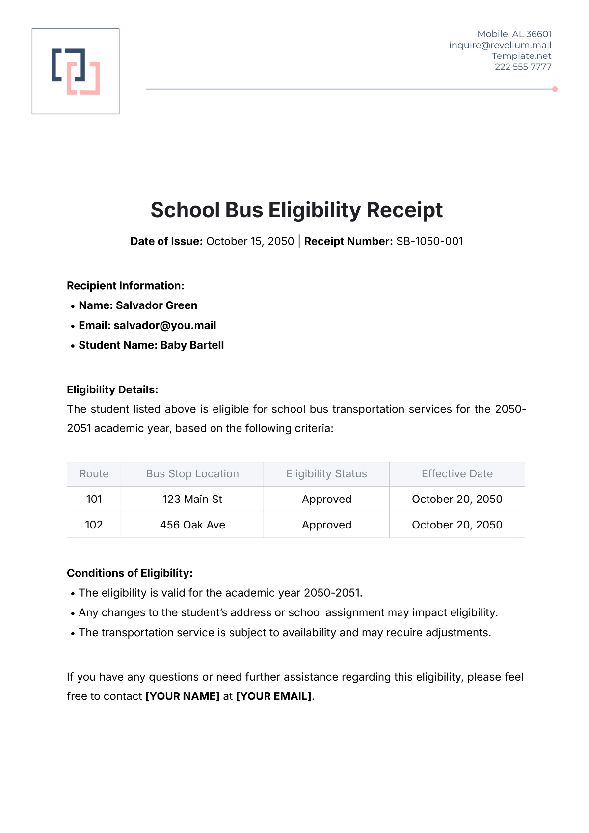 School Bus Eligibility Receipt Template - Edit Online & Download